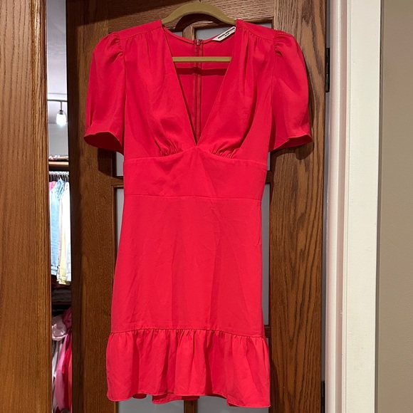 Amanda Uprichard Bright Pink V-Neck Puff Sleeve Mini Dress - Picture 3 of 7
